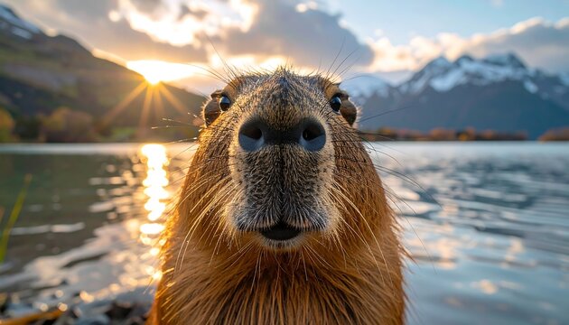 Close-up of a capybara at sunset