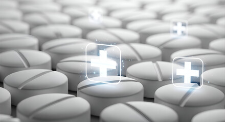 Obraz premium Medical pills and glowing cross icons symbolize healthcare innovation and treatment