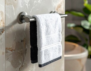 Close-up shot of a dark navy hand towel with textured weave hanging on a brushed steel towel bar. Minimalist bathroom design with stone background