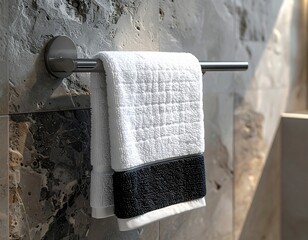 Close-up shot of a dark navy hand towel with textured weave hanging on a brushed steel towel bar. Minimalist bathroom design with stone background