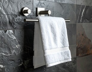 Close-up shot of a dark navy hand towel with textured weave hanging on a brushed steel towel bar. Minimalist bathroom design with stone background