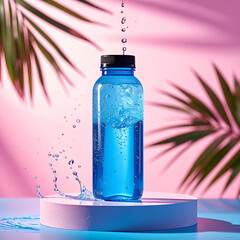 A sleek, clear bottle with a black lid holds a bright blue isotonic drink. Water splashes around it, suggesting freshness and hydration against a vibrant pink and blue background.