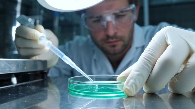 Close-up of a scientist pipetting liquid into a petri dish during a laboratory experiment