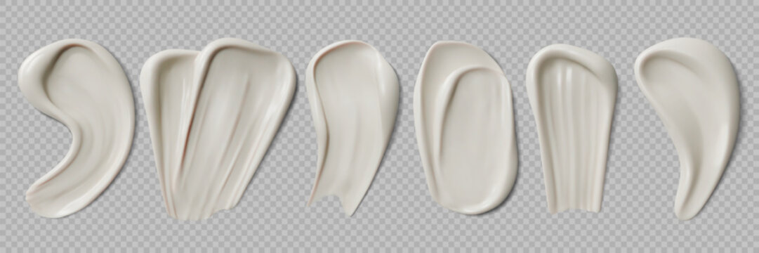 White cream swatch and skincare cosmetic smears and makeup strokes, realistic vector set. White cream swatch or glossy creamy texture for lotion and foundation, facial mask or clay and skincare makeup