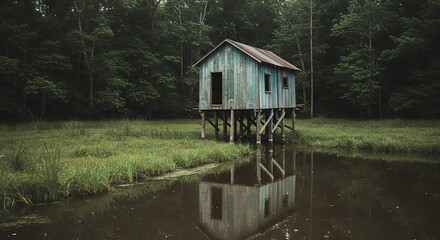 Small wooden cabin on stilts in a forest