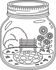 Garden Bench in Mason Jar &ndash; Whimsical Nature Scene Coloring Page
