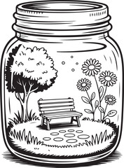 Garden Bench in Mason Jar &ndash; Whimsical Nature Scene Coloring Page