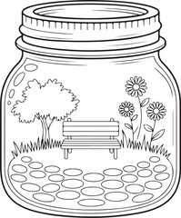 Garden Bench in Mason Jar &ndash; Whimsical Nature Scene Coloring Page