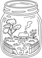 Cottage in a Jar &ndash; Cozy Miniature Landscape Coloring Page