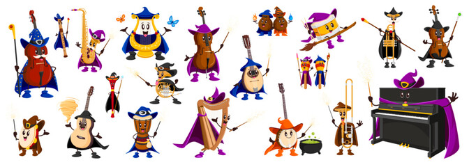 Cartoon Halloween mages and wizard musical instrument characters. Piano, double bass, violin, banjo, harp, guitar and mandolin. Trombone, saxophone, french horn or tuba, maracas, drum, djembe or flute