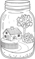 Cottage in a Jar &ndash; Cozy Miniature Landscape Coloring Page