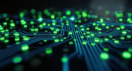 Fototapeta premium Intricate circuit board with glowing green components, showcasing a technological design.