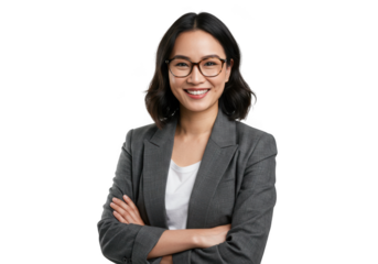 Smiling woman in blazer with folded arms on transparent background