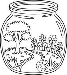 Simple Nature Jar – Tree and Wildflowers Line Art Coloring Page