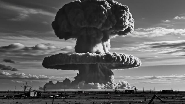 Dramatic black and white image of a nuclear explosion and its aftermath.