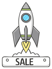 Cartoon Rocket Ship Launching Sale Promotion Offer Discount Graphic