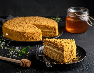 Honey cake slice on dark surface