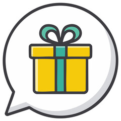 A bright yellow gift box with a teal ribbon and bow inside a speech bubble represents a message of generosity and giving.