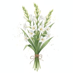 Fototapeta premium Tuberose Bouquet Watercolor Illustration Isolated on White Background