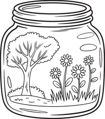 Tiny World Garden in a Jar – Whimsical Tree and Flowers Line Art Coloring Page