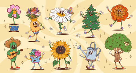 Cartoon groovy plant and flower characters set with hippie vibe and vintage fun mood. Vector dancing funny pots and floral personages with happy faces and funky outfit on yellow psychedelic background