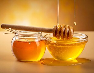 Honey dripping from wooden dipper into glass bowl