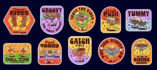 Korean cuisine groovy label stickers and hippie asian food characters patches. Korean cuisine rice and noodle soup bowls vector groovy stickers. Cartoon bbq beef bulgogi, kimbap rolls and corn dog set