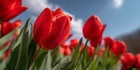 Vibrant Red Tulips Blooming Under a Clear Blue Sky in a Picturesque Springtime Field