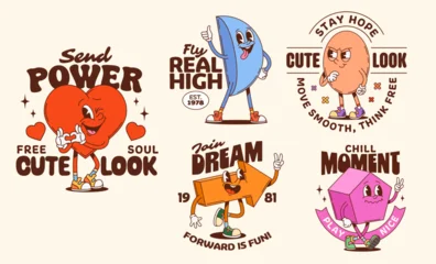 Fotobehang Positive Typography Math shape groovy characters stickers or t shirt prints. Vector playful cartoon figures with expressive faces and quirky slogans. Retro hippie y2k geometric figures promote joy, positive emotions  © Buch&Bee