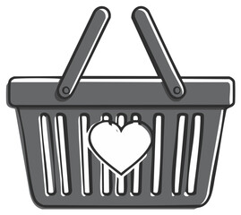 Gray shopping basket with a prominent white heart symbol on the front