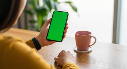 Woman Holding a Green Screen Smartphone in Cafe Mockup Ready for Content Creation