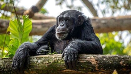 Close-up of a chimpanzee resting on a log