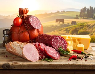 Assorted cured meats and cheese on rustic wooden table, idyllic rural backdrop