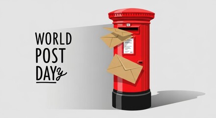 Illustration of world post day with a red mailbox and flying envelopes on a light background