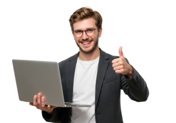 Confident Businessman Holding Laptop and Giving Thumbs Up