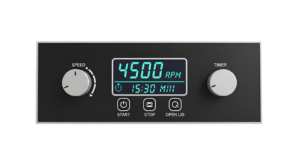 Digital display of a laboratory mixer isolated on transparent background shows 4500 rpm and 1530 minutes, with control knobs for speed and time