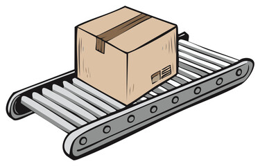 Cardboard Box on Automated Conveyor Belt System Illustration for Shipping Industry