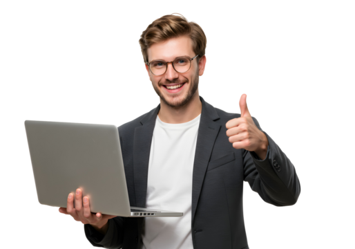 Confident Businessman Holding Laptop and Giving Thumbs Up