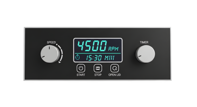 Digital display of a laboratory mixer isolated on transparent background shows 4500 rpm and 1530 minutes, with control knobs for speed and time