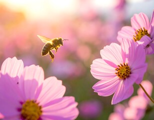 Honeybee in a field of cosmos flowers at sunset