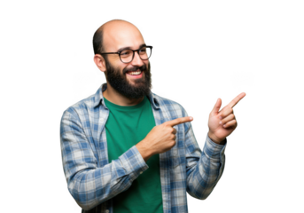 Man with beard and glasses points right gesturing towards something off-camera transparent background
