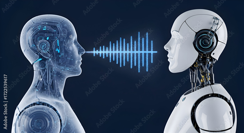 Poster ai communication between transparent and white humanoid robots