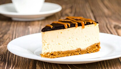 Creamy cheesecake slice, caramel topping, graham cracker crust