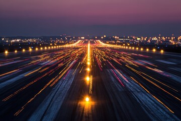 Night shot of an airport runway with many lights and colorful light trails. It is perfect for illustrating travel, technology, or modern urban life.