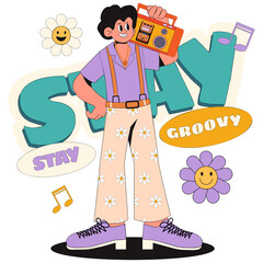 Retro cartoon character with boombox and groovy elements