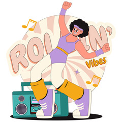 Retro dancer with boombox and wavy background