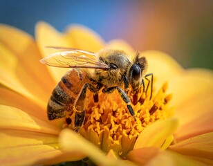 Honeybee on a bright yellow flower. Close-up view