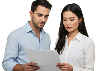 Diverse business professionals collaborating over documents in studio setting transparent background