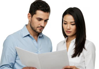 Diverse professionals collaborate reviewing documents in a collaborative work environment transparent background