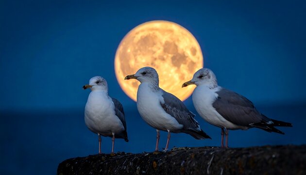 Three Seagulls Silhouetted Against a Full Moon at Dusk.